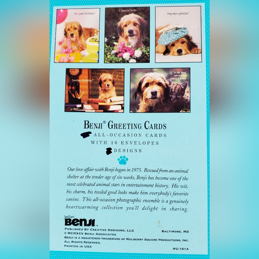 Benji Vintage 1995 Greeting Cards 11 Cards 16 Envelopes Birthday Get Well - GUC
